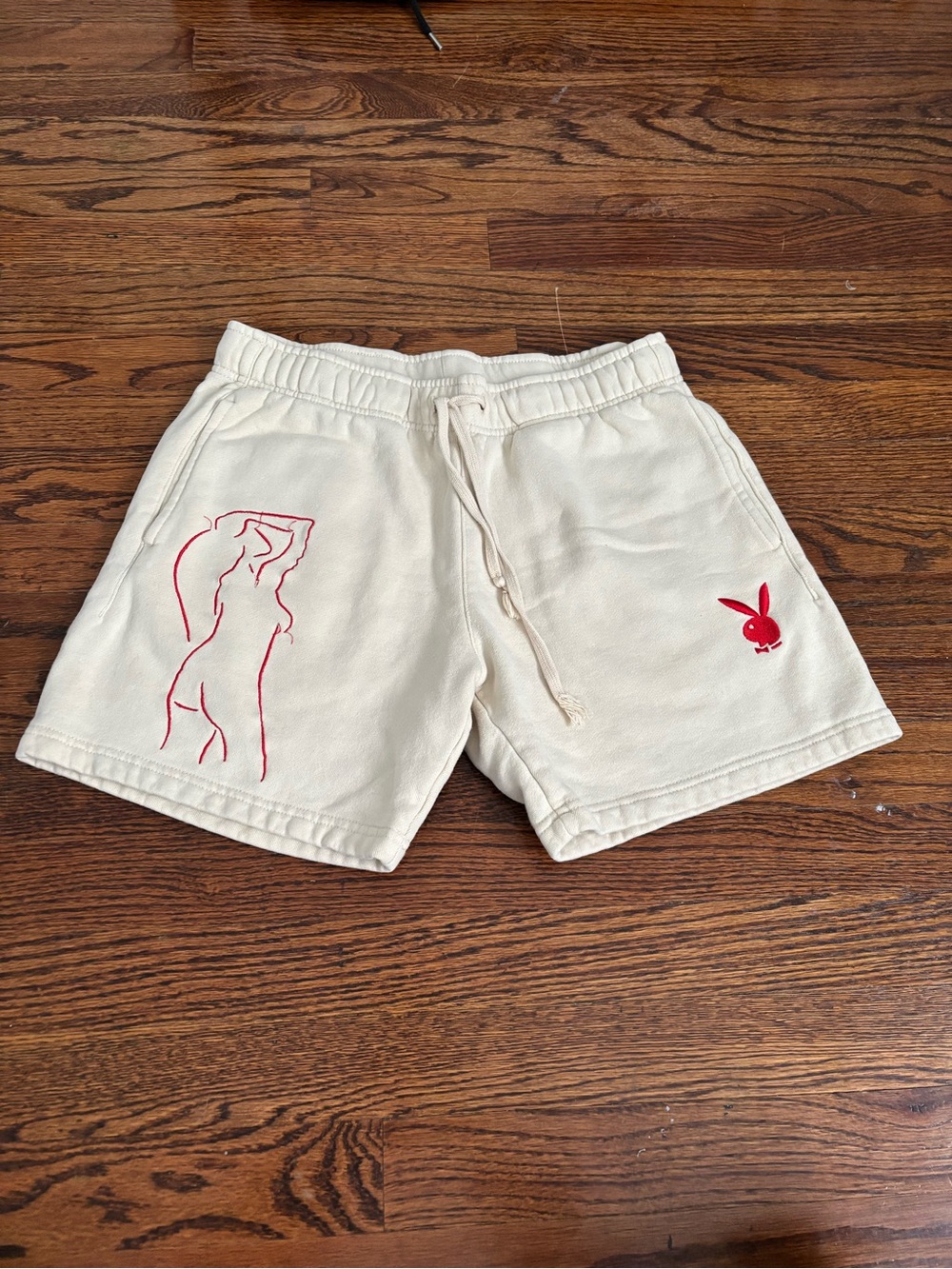 Playboy Men’s Cream Lounge Shorts with Red Bunny and Silhouette Size Small